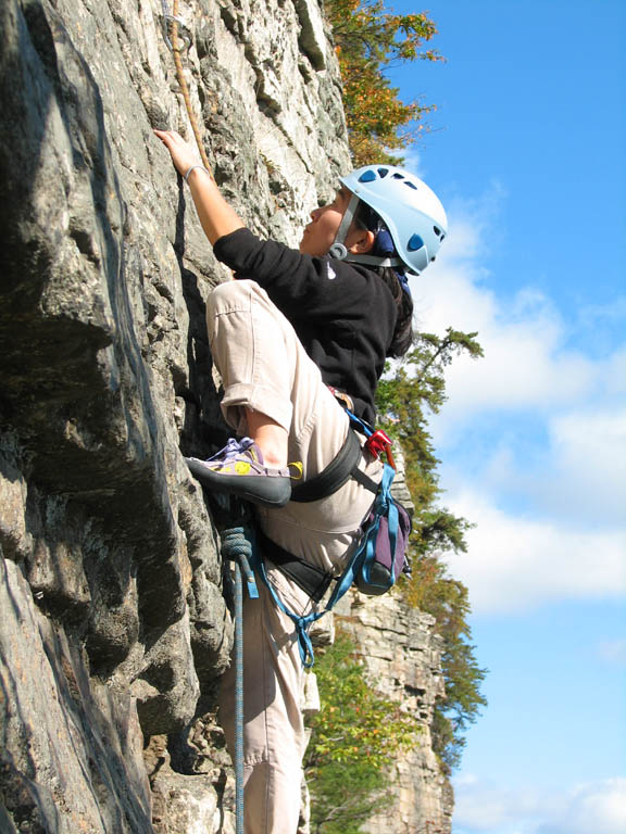 Iori following the traverse pitch over to Shockley's. (Category:  Rock Climbing)