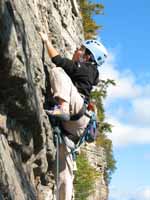 Iori following the traverse pitch over to Shockley's. (Category:  Rock Climbing)