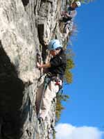 Iori following the traverse pitch over to Shockley's. (Category:  Rock Climbing)