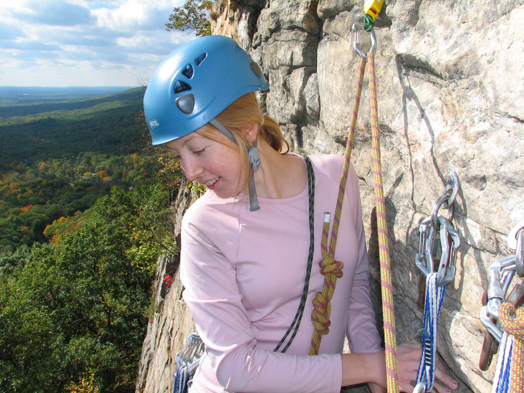 Beth starting to lead p2 of City Lights. (Category:  Rock Climbing)