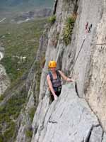 Kristin following pitch 5 of Space Boyz. (Category:  Rock Climbing)