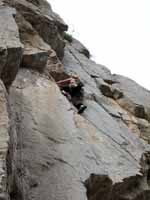 Kristin leading pitch 6 (5.10d) of Space Boyz. (Category:  Rock Climbing)