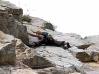 Kristin leading pitch 6 (5.10d) of Space Boyz. (Category:  Rock Climbing)