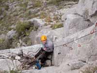 Kristin belaying on Space Boyz. (Category:  Rock Climbing)