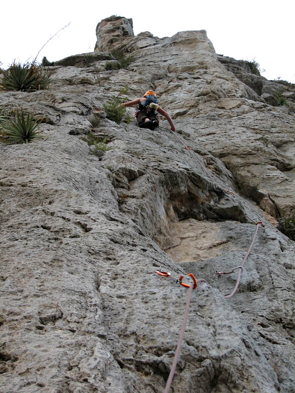 Kristin leading near the top of Space Boyz. (Category:  Rock Climbing)