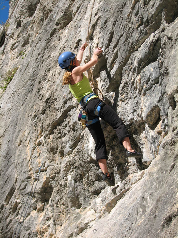 Jess climbing La Pressa. (Category:  Rock Climbing)