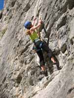 Jess climbing La Pressa. (Category:  Rock Climbing)