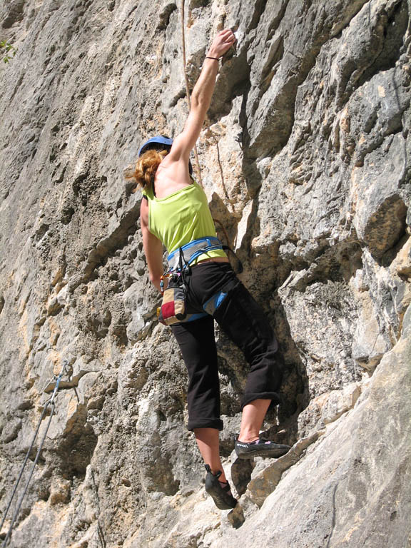 Jess climbing La Pressa. (Category:  Rock Climbing)