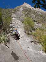 Kristin leading the start of Yankee Clipper. (Category:  Rock Climbing)