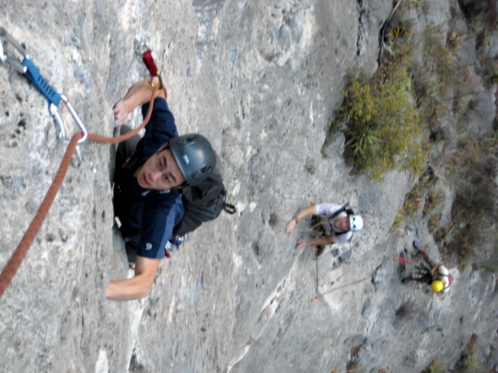 Pitch 2 (5.11a) of Time Wave Zero.  Kenny following Keith's lead with me and Aramy right behind. (Category:  Rock Climbing)