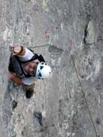 Leading the crux of pitch 2 on Time Wave Zero. (Category:  Rock Climbing)