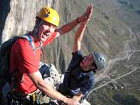 Keith and Kenny at the top of Time Wave Zero. (Category:  Rock Climbing)