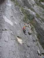 Kristin leading the first pitch (5.11a) of Super Nova. (Category:  Rock Climbing)