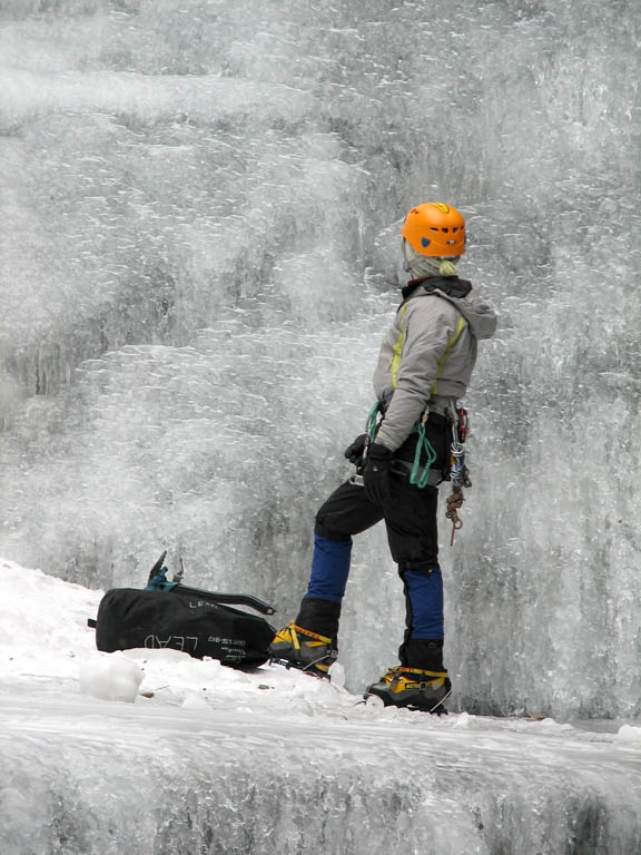 Kristin at the base of the falls. (Category:  Ice Climbing)