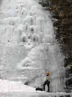 Kristin at the base of the falls. (Category:  Ice Climbing)