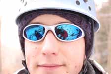 Carly and me reflected in Joe's glasses. (Category:  Ice Climbing)