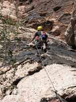 Aramy leading the first pitch of Olive Oil. (Category:  Rock Climbing)