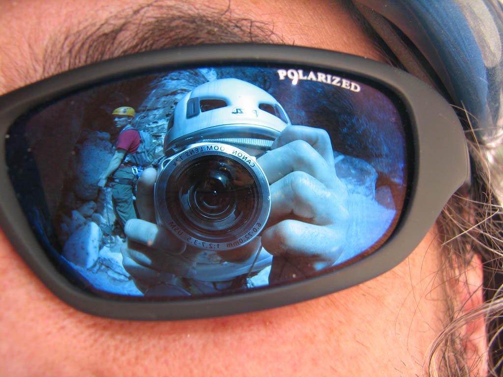 Keith and me reflected in Mark's sunglasses. (Category:  Rock Climbing)