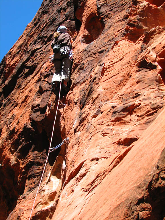 Jess leading The Heavy Hitter. (Category:  Rock Climbing)