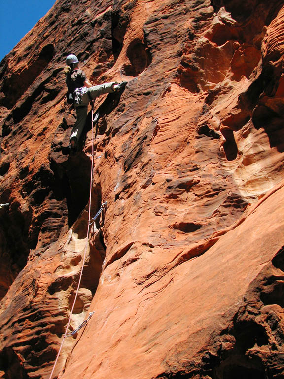 Jess leading The Heavy Hitter. (Category:  Rock Climbing)