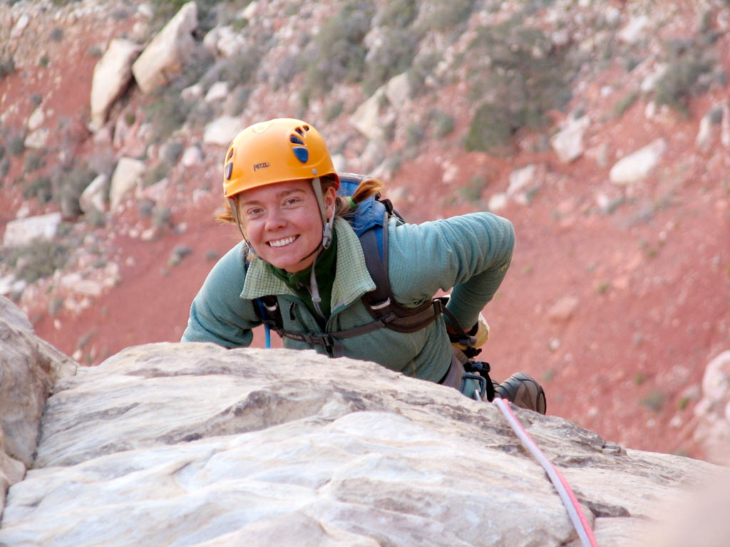 Kristin nearing the top of Frogland. (Category:  Rock Climbing)