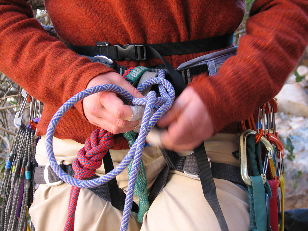 Tying in at the start of Triassic Sands. (Category:  Rock Climbing)