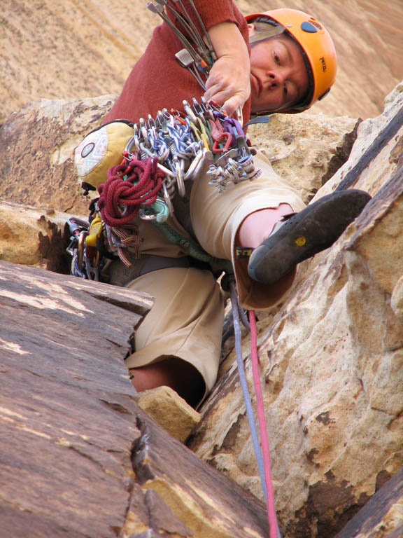 Kristin leading p1 of Triassic Sands. (Category:  Rock Climbing)