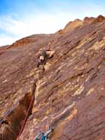Kristin leading p3 of Triassic Sands. (Category:  Rock Climbing)