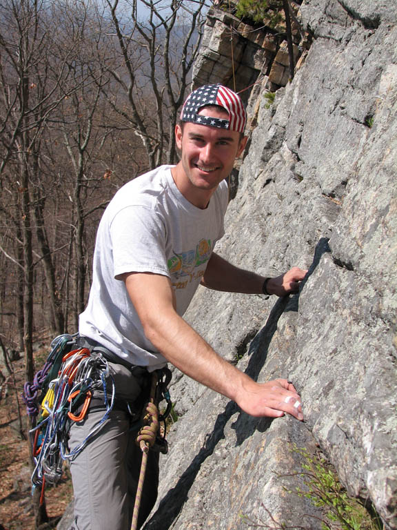 Nick reaching the first belay on Morning After. (Category:  Rock Climbing)