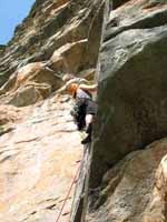 Kristin leading Birdland. (Category:  Rock Climbing)