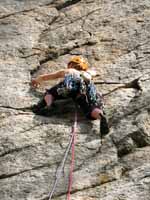 Kristin leading Birdland. (Category:  Rock Climbing)