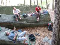 Guy belaying Kristin on Ent's Line.  Nick and Mike were nearby and came to climb with us. (Category:  Rock Climbing)