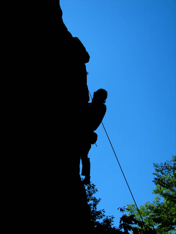 Katie traversed to the top of Pure Power (5.13a) and put a toprope on it so she and Mike could play. (Category:  Rock Climbing)