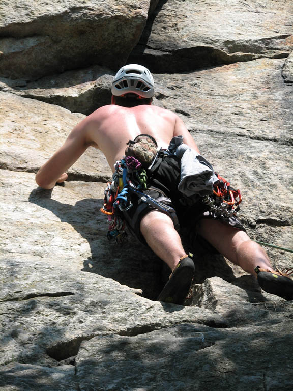 Guy leading Baskerville Terrace. (Category:  Rock Climbing)