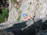 Beth on The Dangler. (Category:  Rock Climbing)