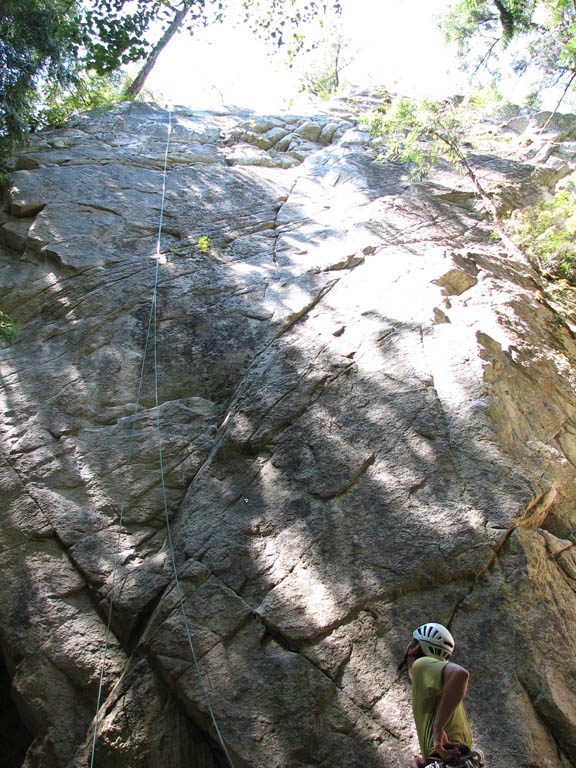 Jeff And The Giant Reach is the line on the left with a rope.  Zoe is the line to the right. (Category:  Rock Climbing)