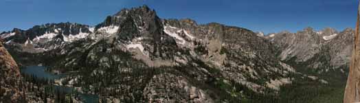 Gorgeous panorama of the Sawtooths seen from 200' up the SW face of Elephant's Perch. (Category:  Rock Climbing)