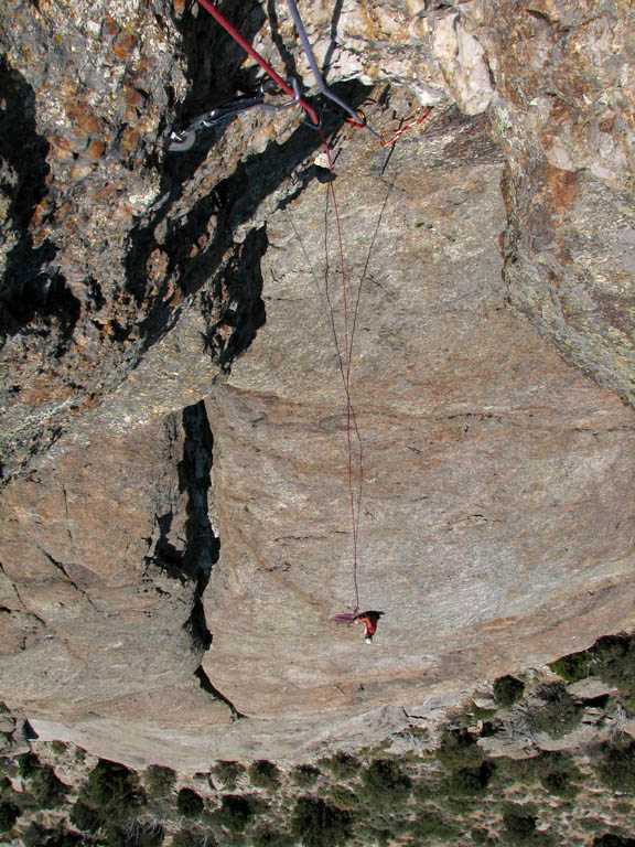 Looking down at Guy after leading the fun pitch on Sinocranium. (Category:  Rock Climbing)