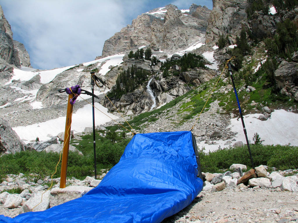 I used Guy's trekking poles and my ice axe to setup my bivy. (Category:  Rock Climbing)