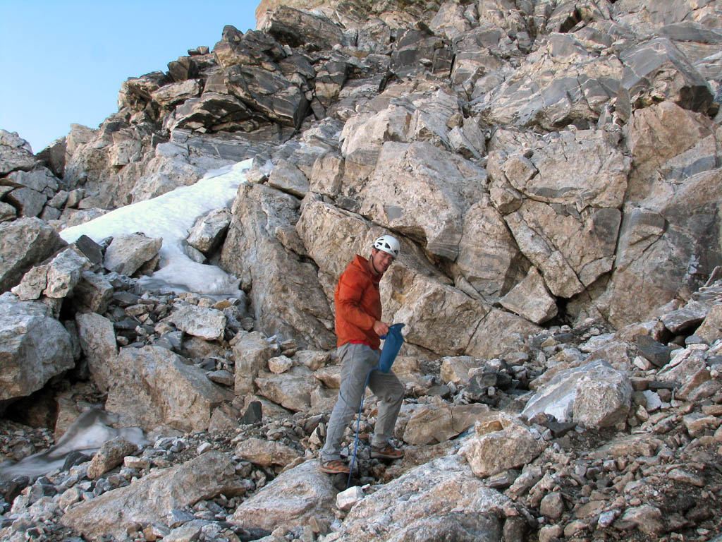 Getting water from snow melt near the black dike. (Category:  Rock Climbing)