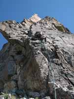 Guy leading pitch 2 of Baxter's Pinnacle. (Category:  Rock Climbing)