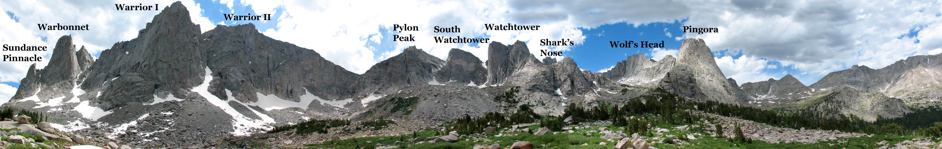 Annotated panorama.  Block Tower is just left of Shark's Nose and Overhanging Tower is just right of Shark's Nose. (Category:  Rock Climbing)