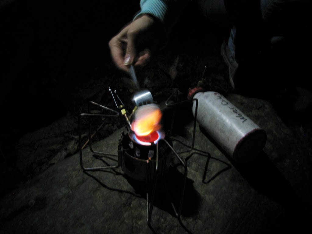 Using a fork to roast marshmallows over the MSR Dragonfly stove. (Category:  Rock Climbing)