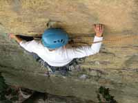 Emily reaching the belay at the end of the first pitch on Madame G's. (Category:  Rock Climbing)