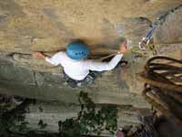 Emily reaching the belay at the end of the first pitch on Madame G's. (Category:  Rock Climbing)