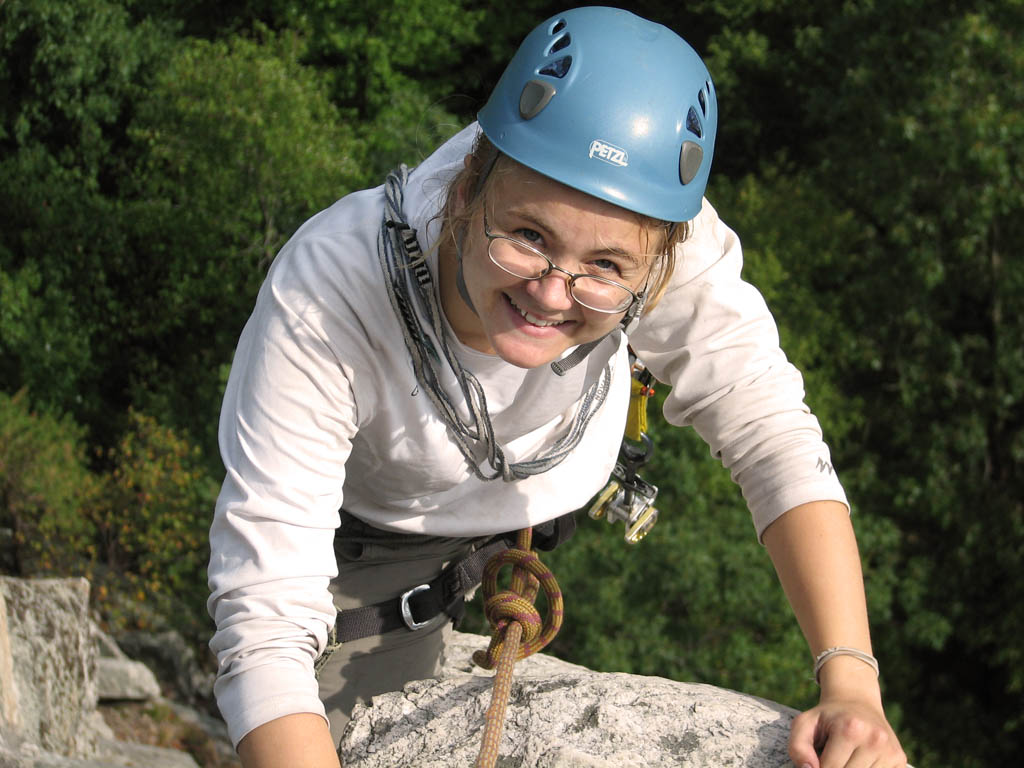 Emily at the top of Beginner's Delight. (Category:  Rock Climbing)