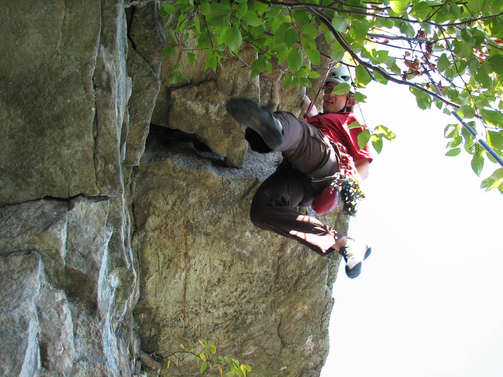 Mike's hero hang going for the chalk bag.  Sorry I had such a lousy angle for the photo. (Category:  Rock Climbing)