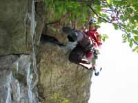 Mike's hero hang going for the chalk bag.  Sorry I had such a lousy angle for the photo. (Category:  Rock Climbing)