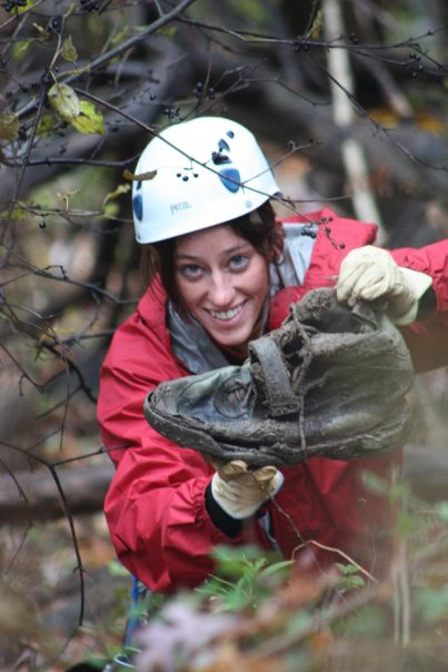 Jen and a nasty old shoe. (Category:  Gorge Climbing)