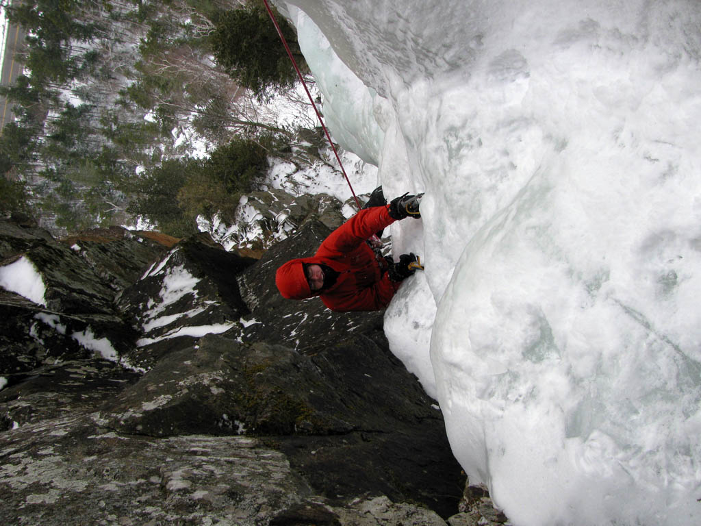 Mike climbing the second pitch. (Category:  Ice Climbing)